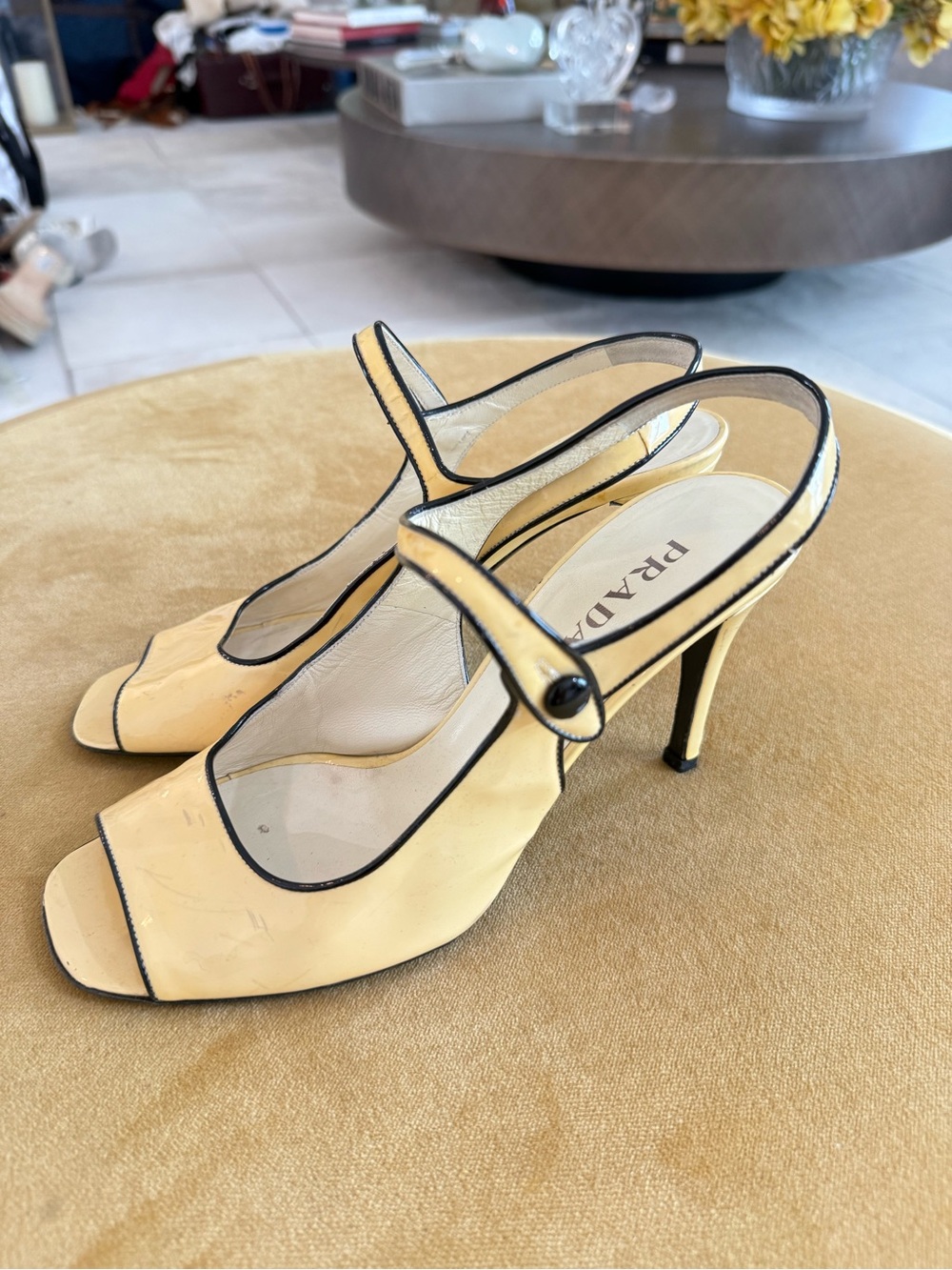 Prada Yellow Patent Leather Mary Jane Slingback Heels with Black Trim - Picture 4 of 11